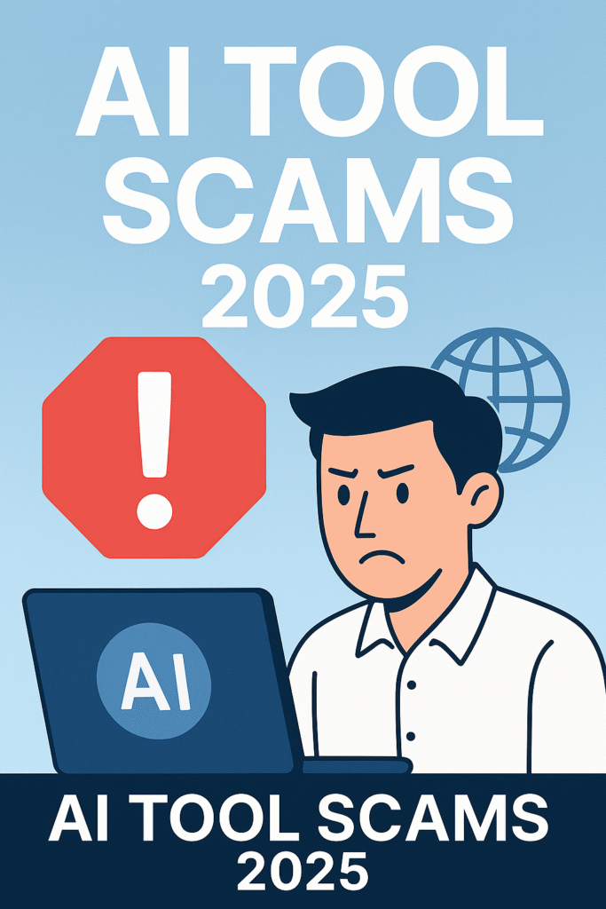 AI Tool Scams 2025 – avoid fake AI software and rip-offs warning illustration