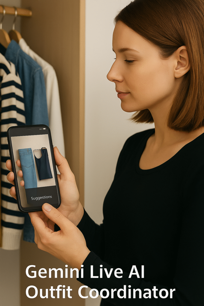 👉 “Gemini Live AI Outfit Coordinator app showing outfit suggestions on a smartphone while user stands by wardrobe.”