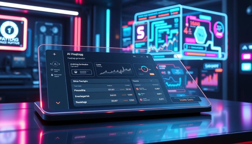 AI Hashtag Generator "How to create viral social media posts with AI in 2025 – illustration of AI-powered content creation on a computer screen with captions and hashtags."