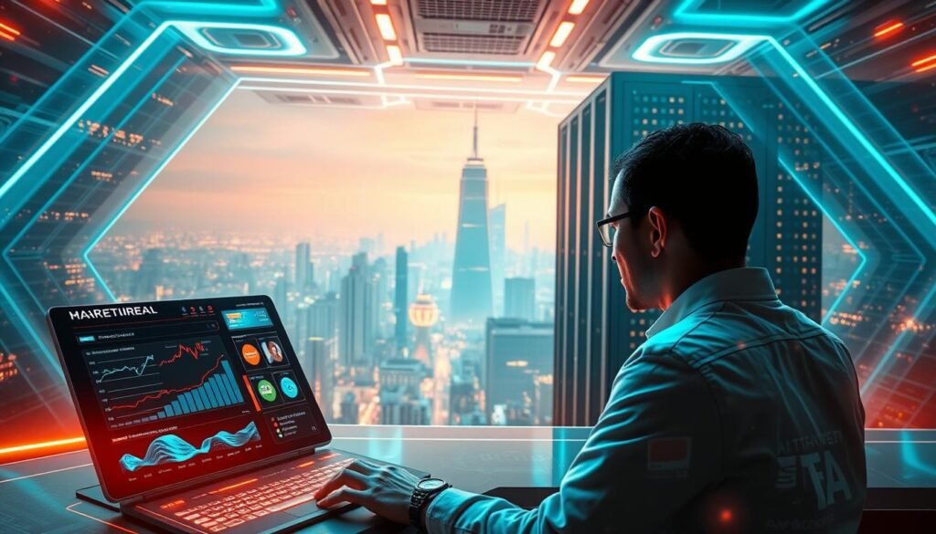 AI-driven ad campaign optimization Marketer running AI ad campaigns in 2025 with real-time performance dashboard