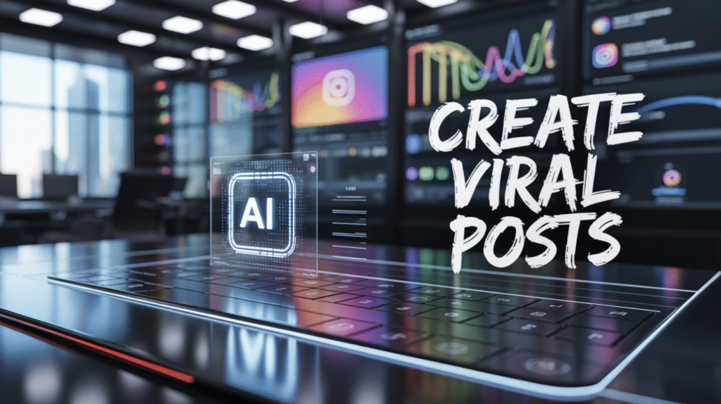 "How to create viral social media posts with AI in 2025 – digital graphic showing AI-generated content on a computer screen with captions, hashtags, and design elements."