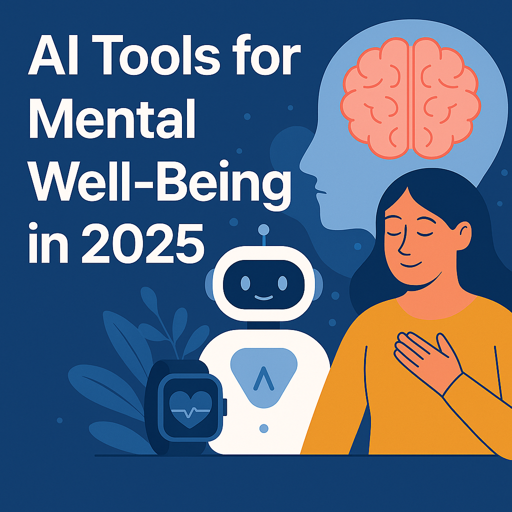 AI Tools for Mental Well-Being in 2025 illustration showing a woman practicing mindfulness, a robot assistant, smartwatch, and brain graphic on a blue background